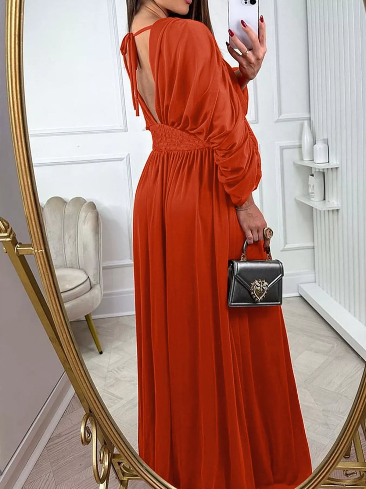 Ruched Sleeve V-Neck Maxi Dress