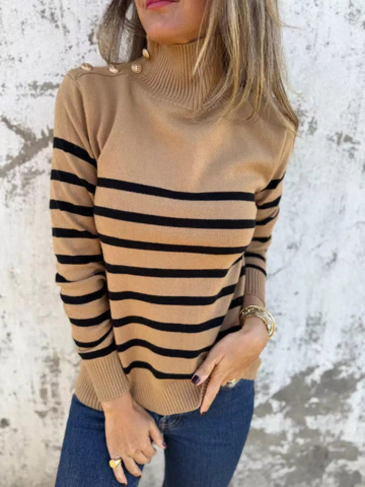 Full Size Striped Turtleneck Long Sleeve Sweater Plus Size