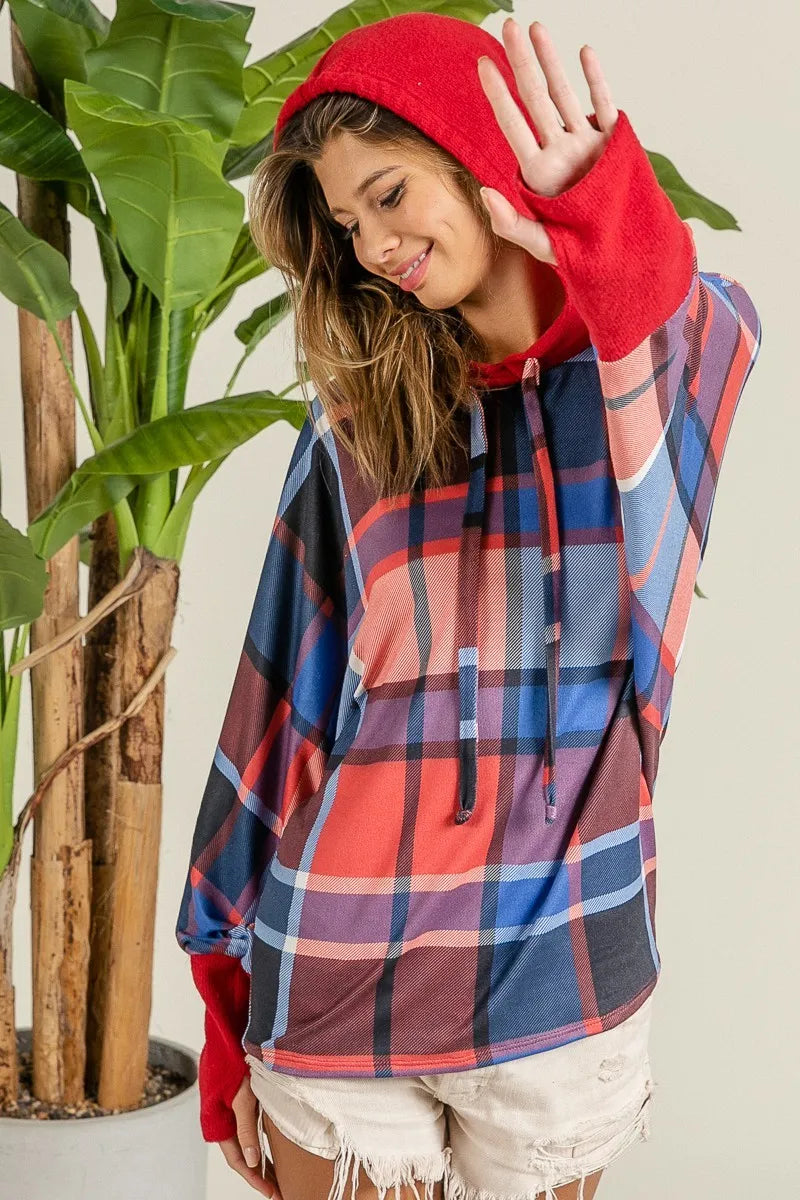 Plaid Mirr Brushed Rib Contrast Thumb Open Hoodie