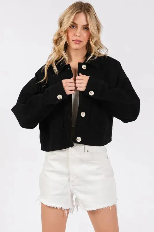 Denim Jacket - Cropped Black Wash Button Down - Women's