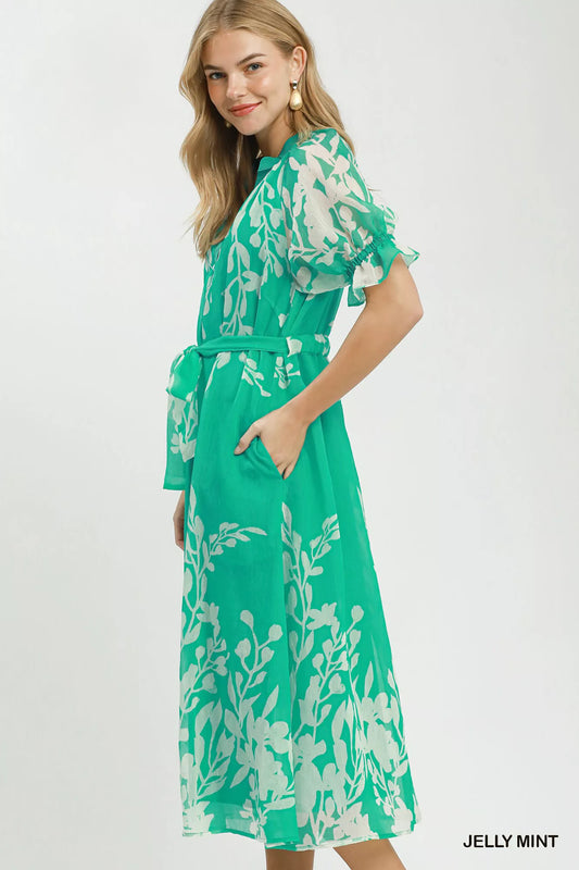 Umgee Floral Print Tie Waist Midi Dress with Side Pockets in Jelly Mint
