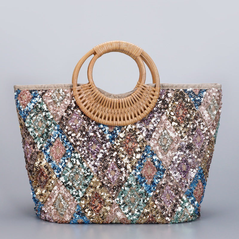 Large-Capacity Woven Sequin Tote Bag Handbag