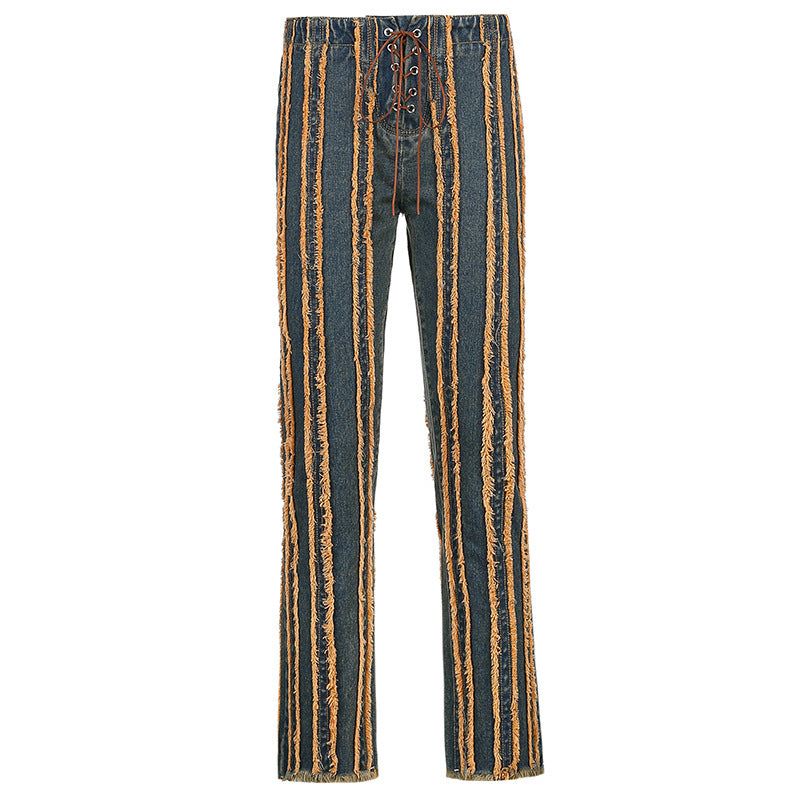 Mid-Rise Fashion Jeans With Raw Edges And Straps