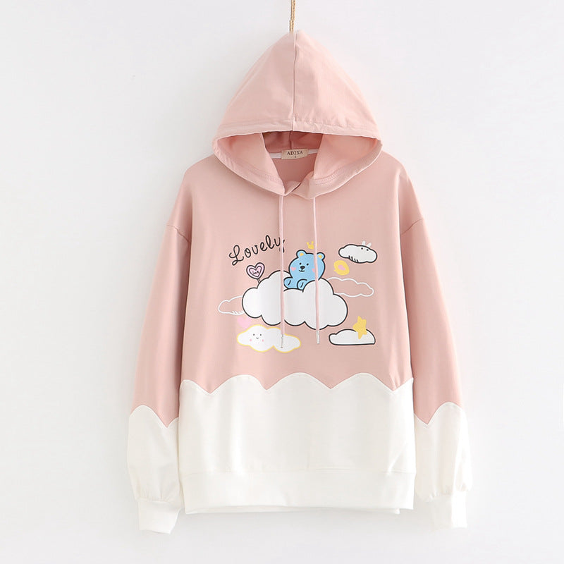 Printed Color-blocking Thin Long-sleeved Hooded Sweatshirt See size chart under “more details”