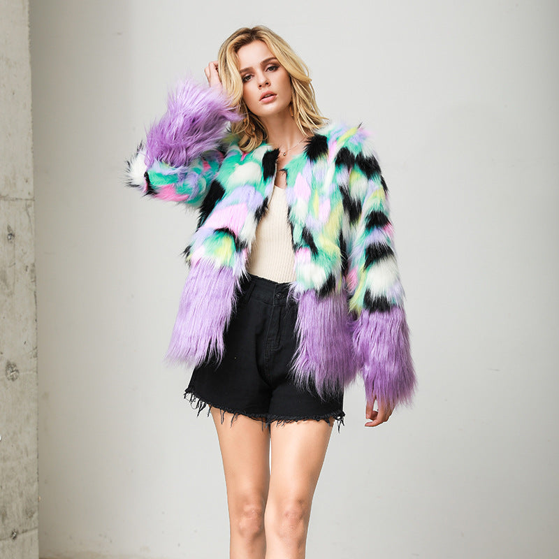 Faux Fur Two-tone Fur Stitching Plush Fur Coat See size chart under “more details”