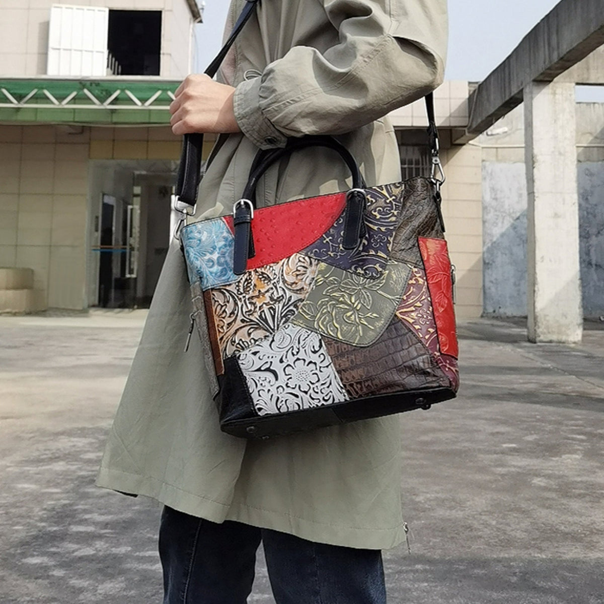 Women's Patchwork Cowhide Messenger Shoulder Bag Messenger Bag