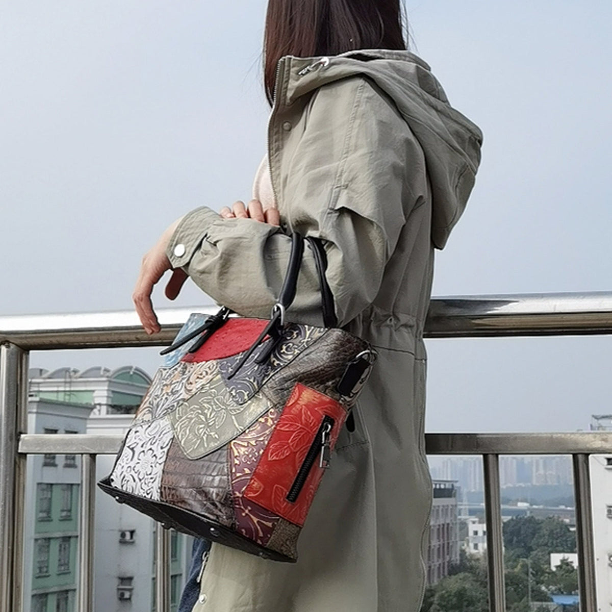 Women's Patchwork Cowhide Messenger Shoulder Bag Messenger Bag