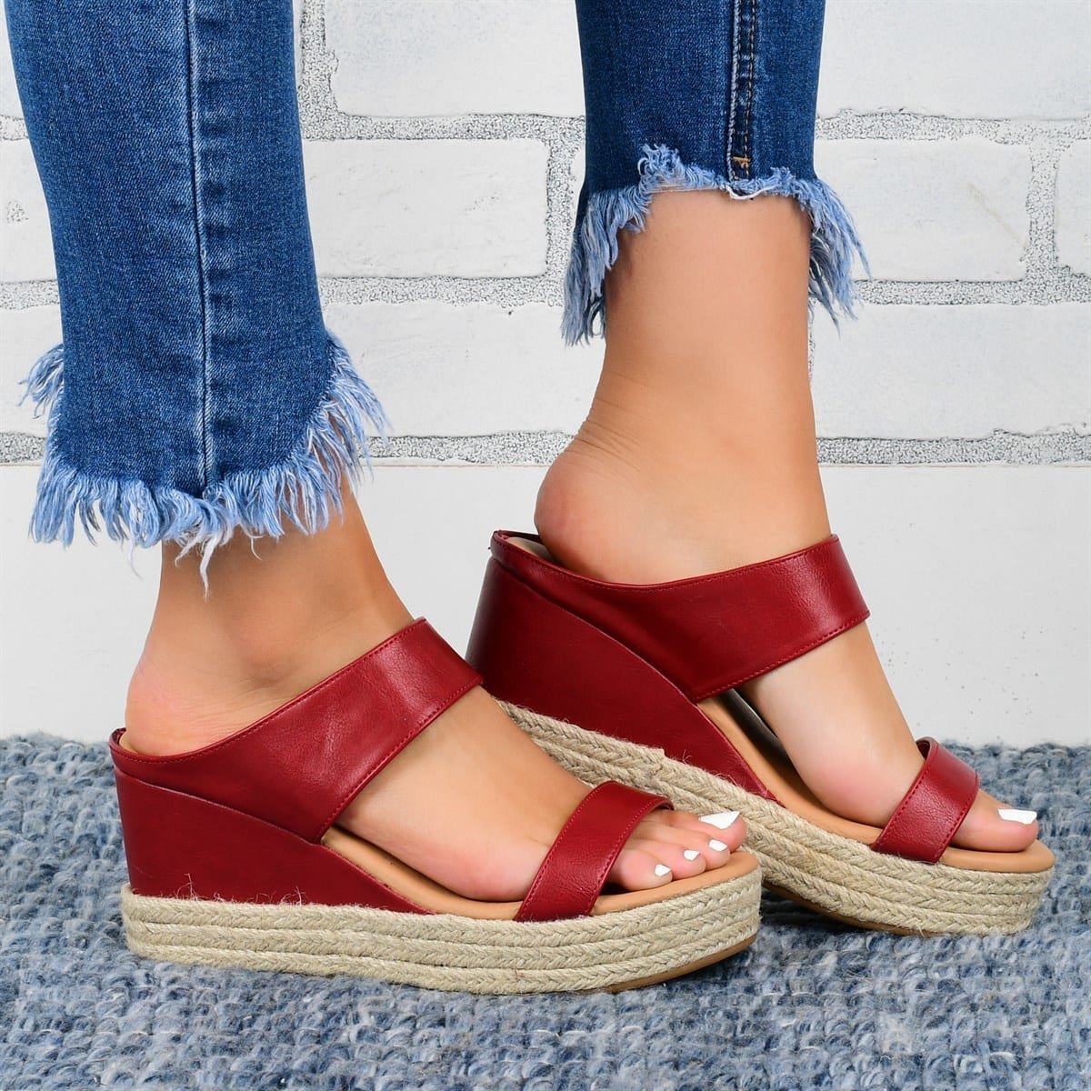 Pantuflas de cuña Sandalias informales Zapatos de cuña alta de cáñamo