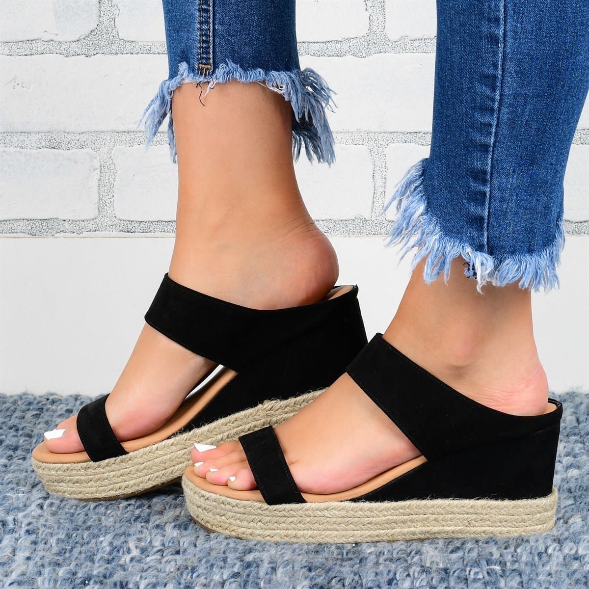 Pantuflas de cuña Sandalias informales Zapatos de cuña alta de cáñamo