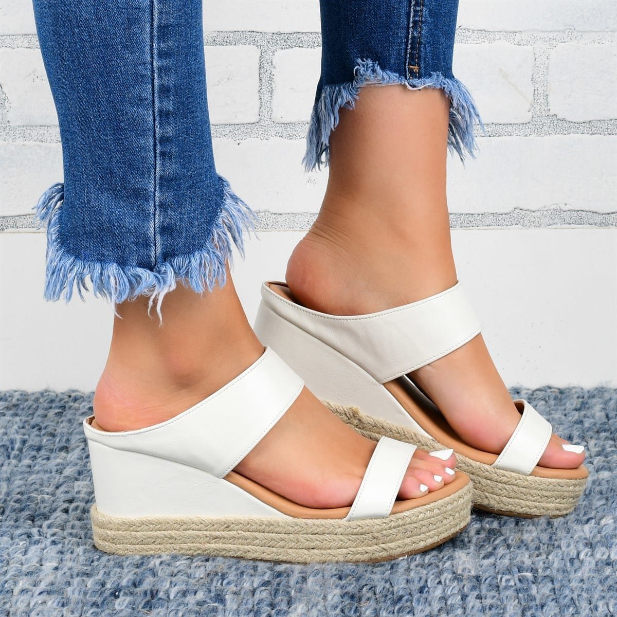 Pantuflas de cuña Sandalias informales Zapatos de cuña alta de cáñamo
