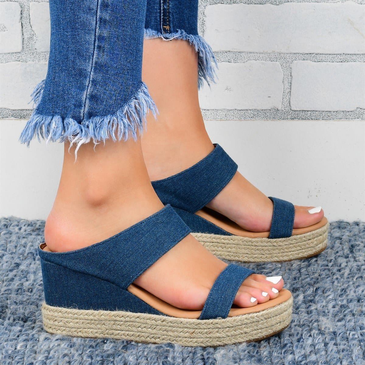Pantuflas de cuña Sandalias informales Zapatos de cuña alta de cáñamo