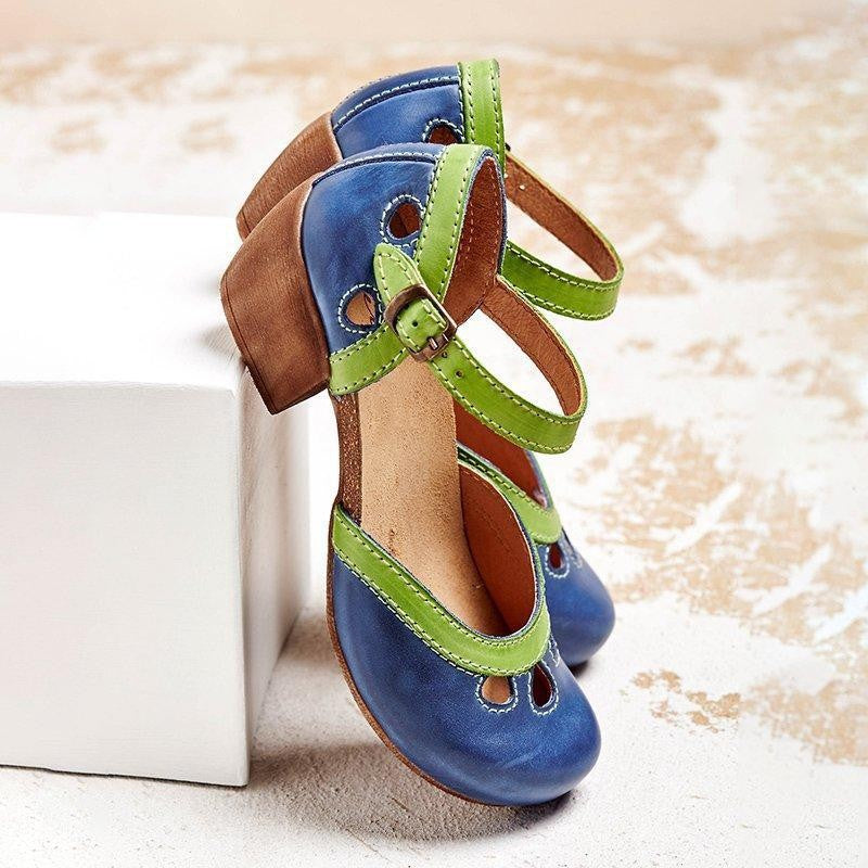 Women's Block-Heel Color Block Mary Jane Shoes