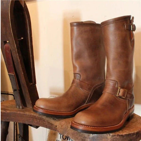 Men's Low-Heeled Round-Toe Mid-Tube Boots