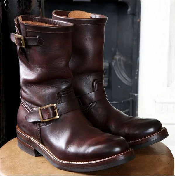 Men's Low-Heeled Round-Toe Mid-Tube Boots