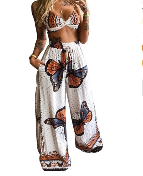 Conjunto de pantalón estampado de plumas para mujer