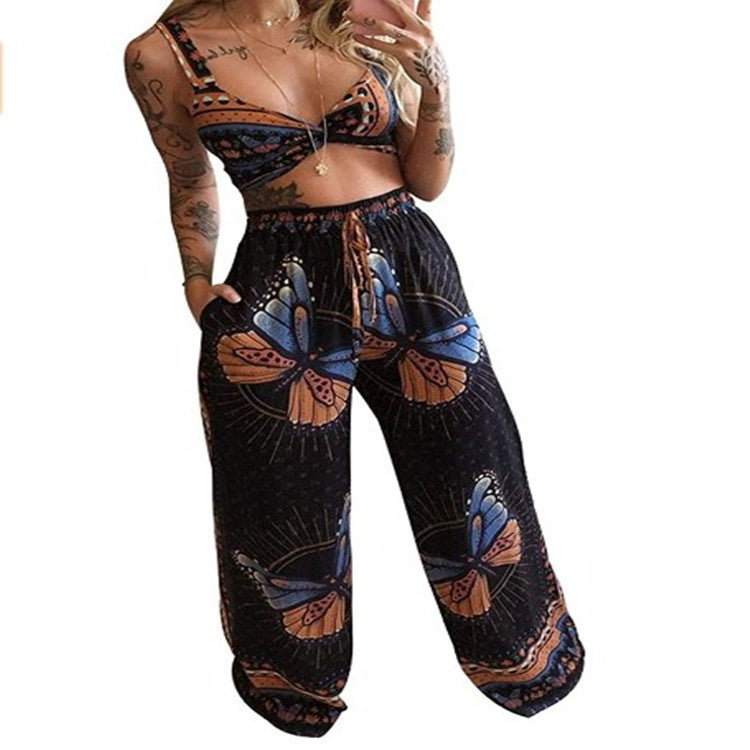 Conjunto de pantalón estampado de plumas para mujer