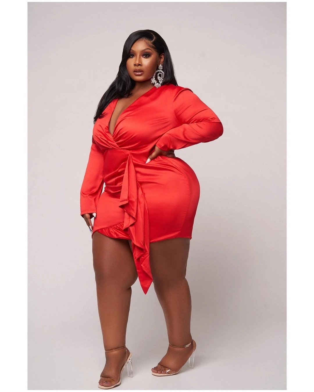 Plus Size Long sleeve Satin Short wrap Dress