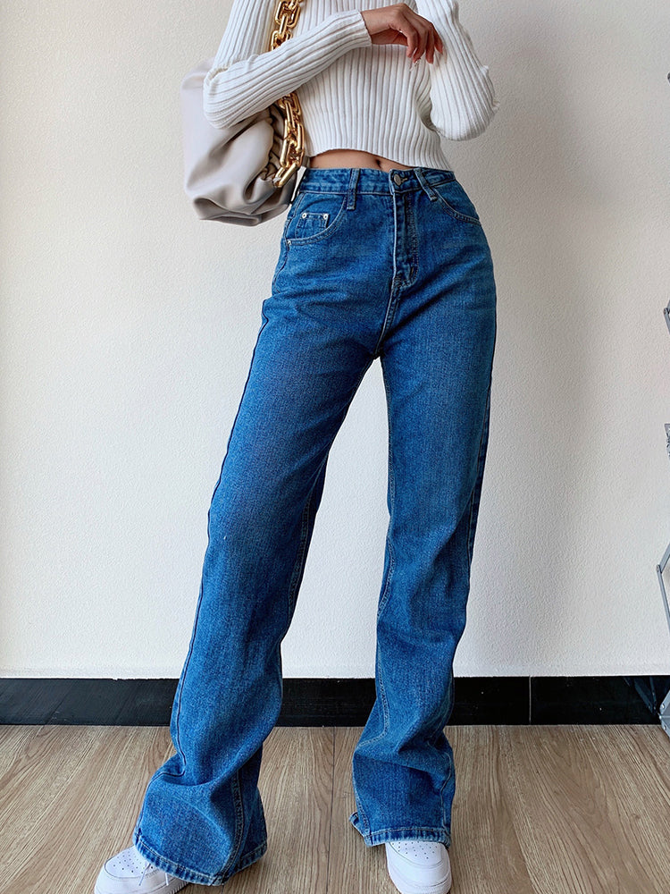 Women's Loose Straight Leg Jeans With Back Slit Drape