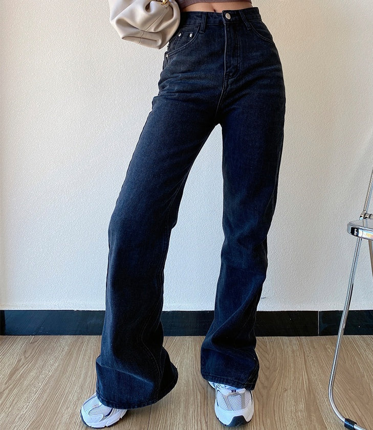 Women's Loose Straight Leg Jeans With Back Slit Drape