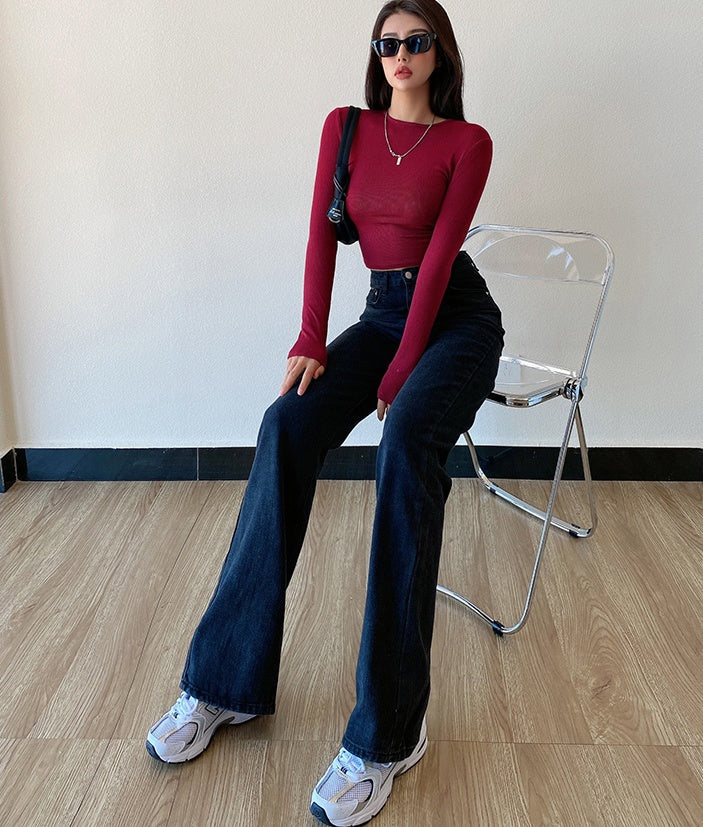 Women's Loose Straight Leg Jeans With Back Slit Drape