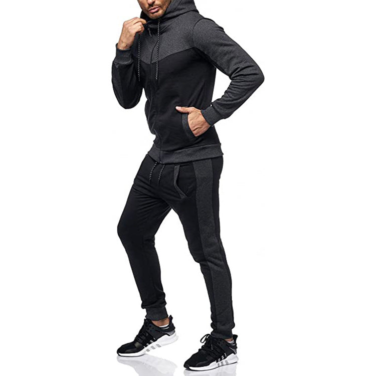 Men's 2-piece Hooded Black Color Block Casual Track Suit Set