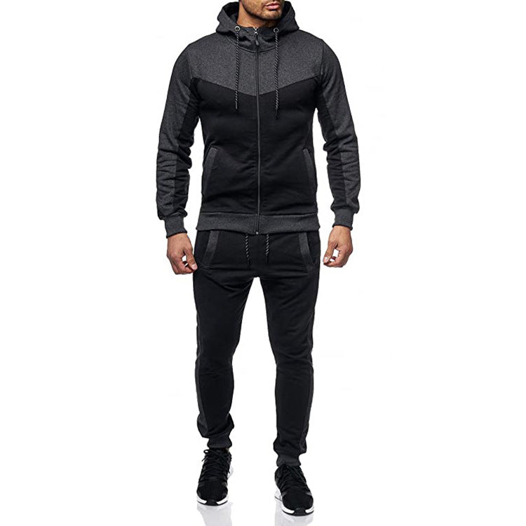 Men's 2-piece Hooded Black Color Block Casual Track Suit Set