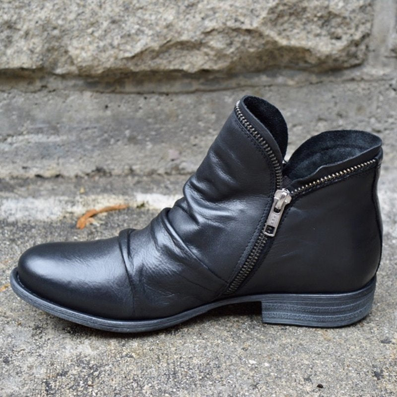Women's Round-Toe Chunky Sole Double Zipper Ankle Boots