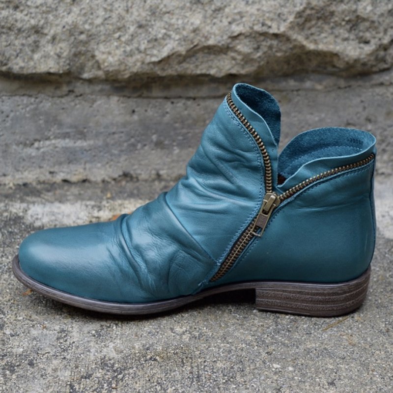 Women's Round-Toe Chunky Sole Double Zipper Ankle Boots