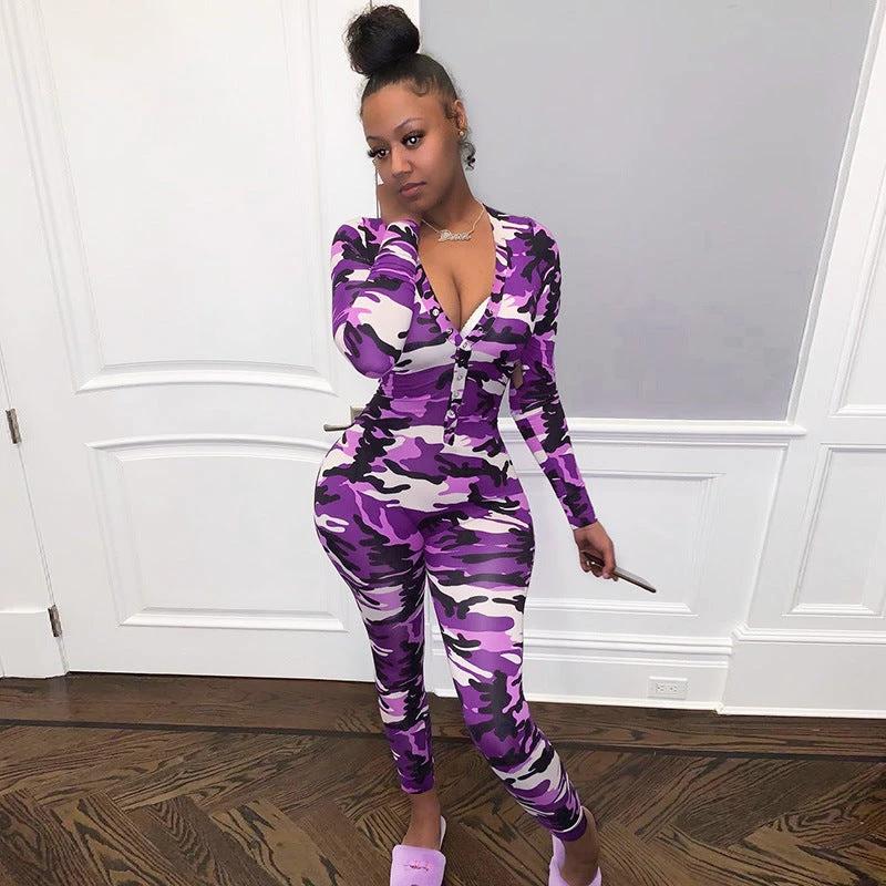 V-neck Romper Camouflage Print Pajamas Sexy One Piece Sleepwear