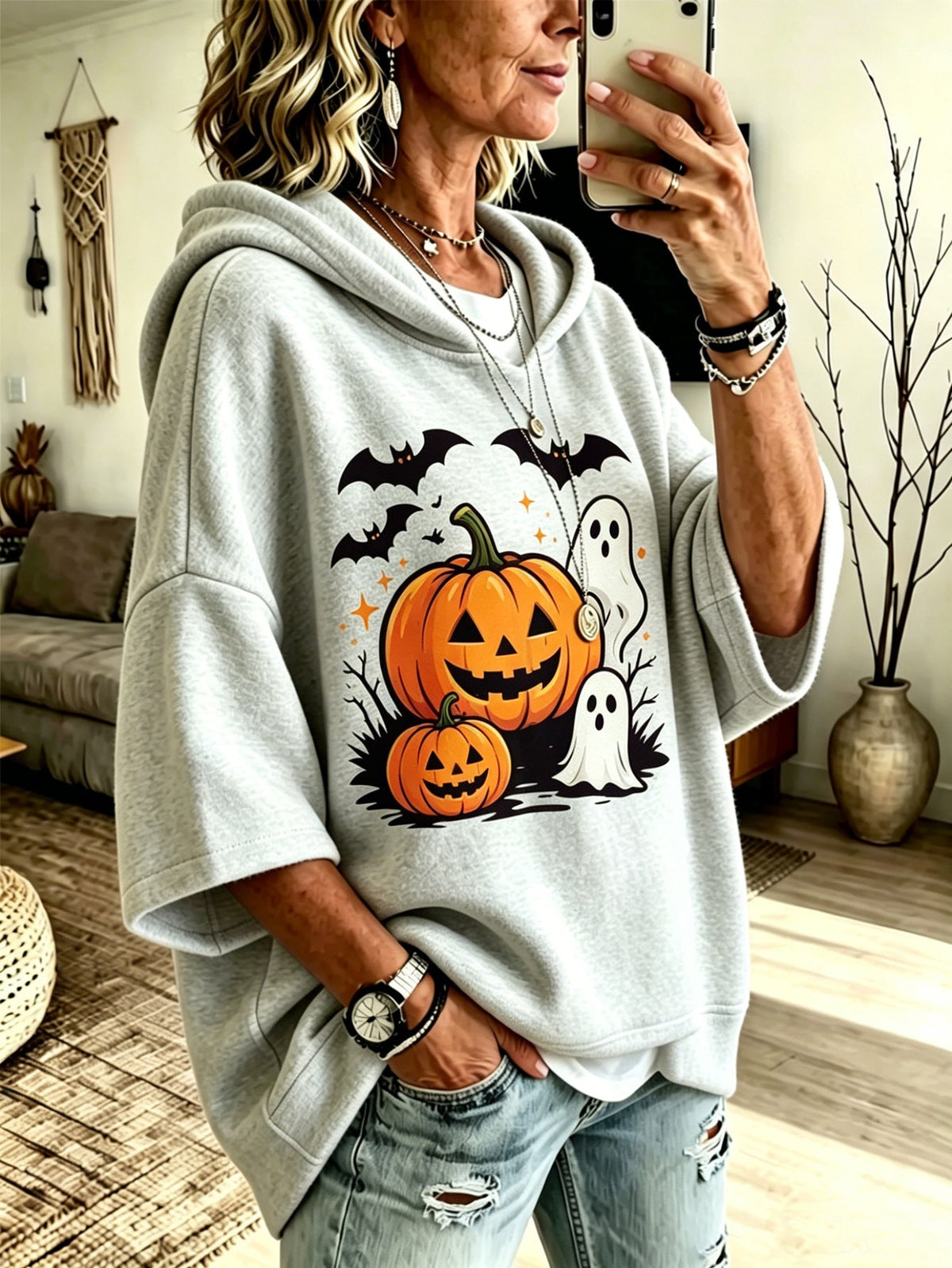 Digital-print Halloween Casual Loose-fit Hooded Sweatshirt