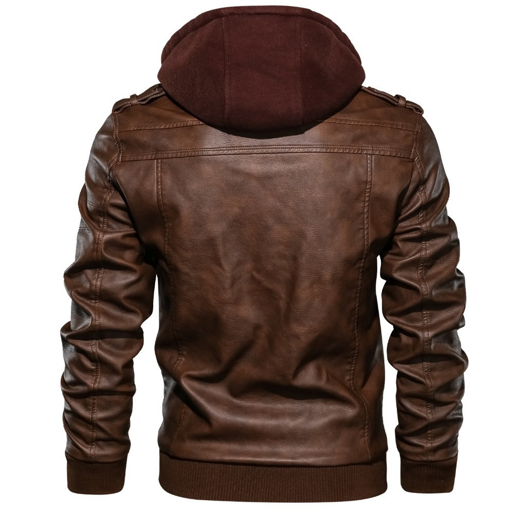Chaqueta de hombre de cuero sintético PU desmontable con capucha
