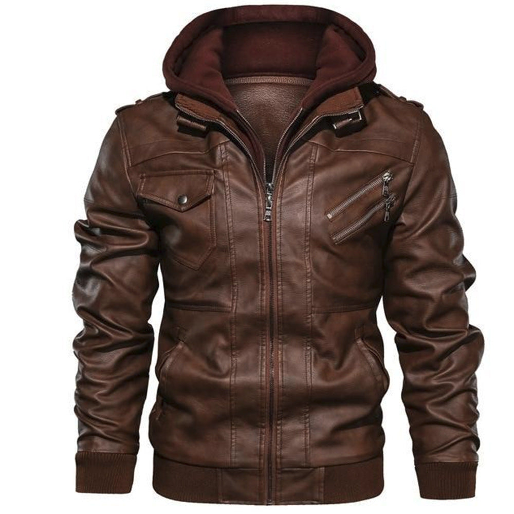 Chaqueta de hombre de cuero sintético PU desmontable con capucha