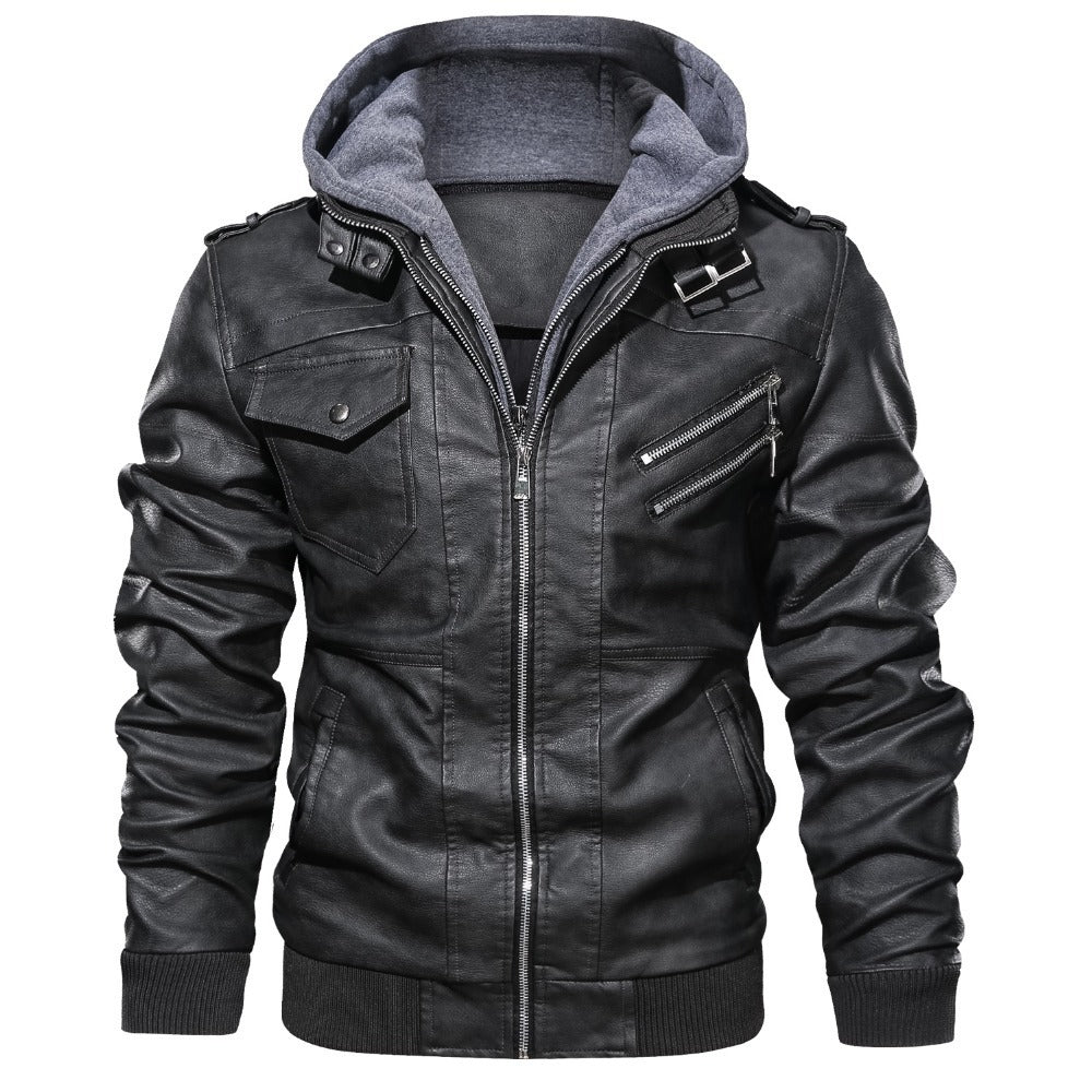 Chaqueta de hombre de cuero sintético PU desmontable con capucha