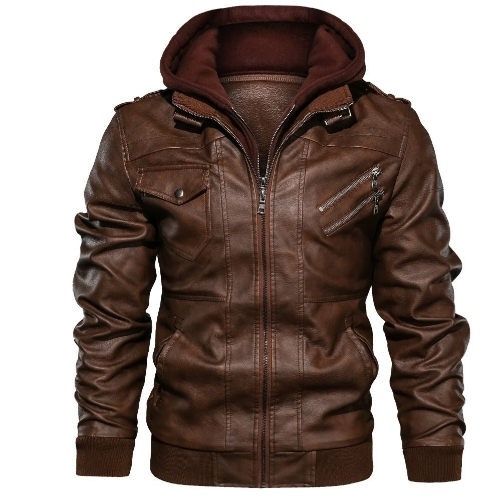 Chaqueta de hombre de cuero sintético PU desmontable con capucha