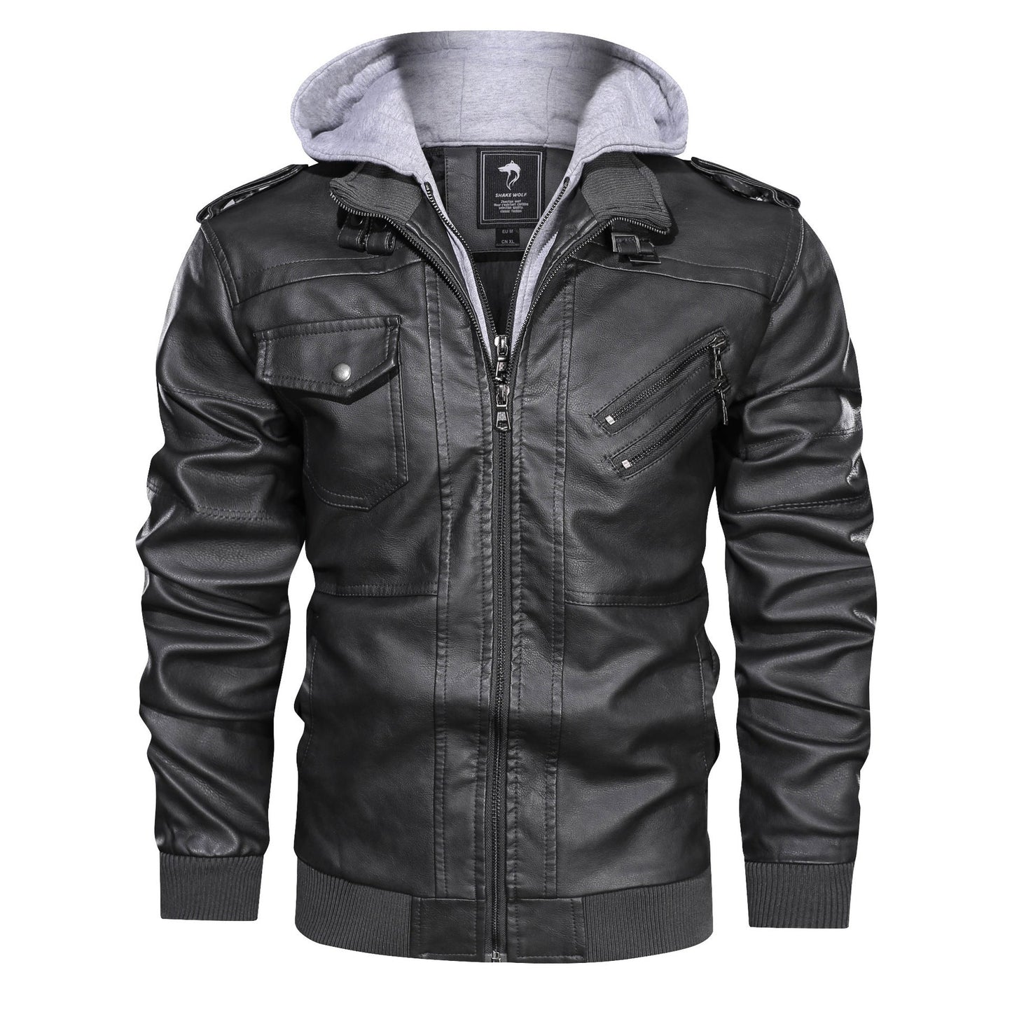 Chaqueta de hombre de cuero sintético PU desmontable con capucha