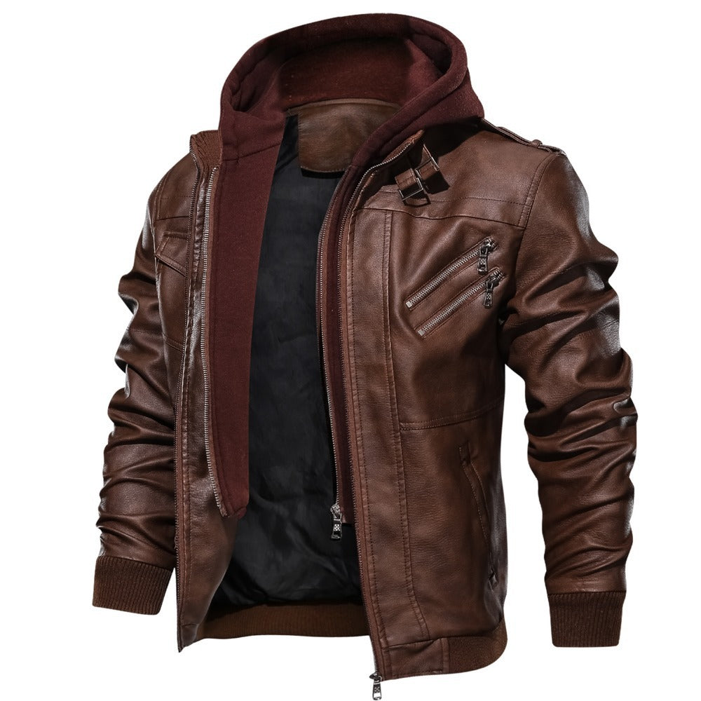 Chaqueta de hombre de cuero sintético PU desmontable con capucha