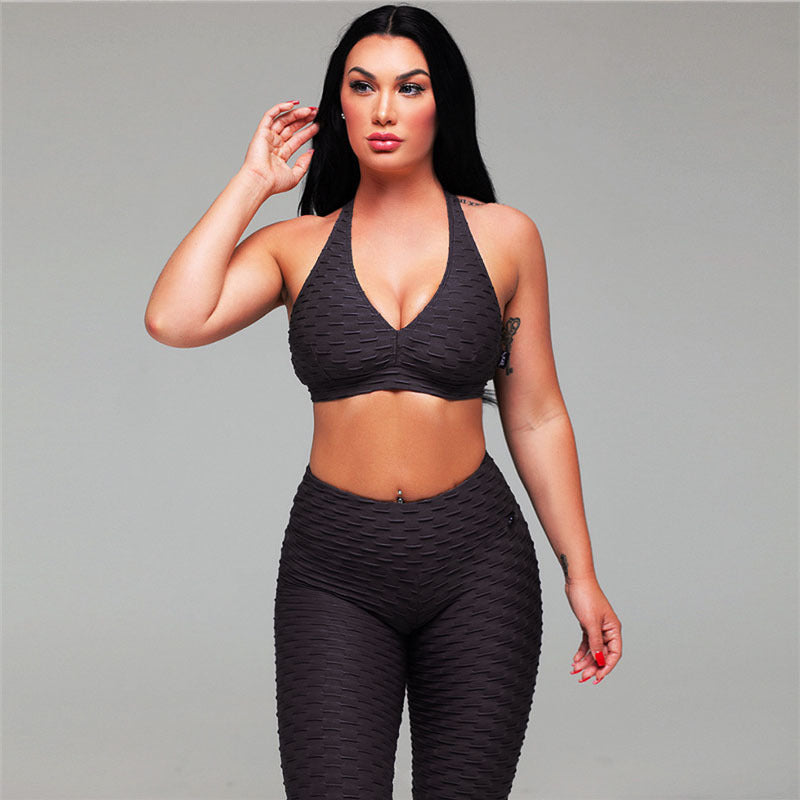 Explosive Style Yoga Wear European And American Long Strip Bubble Net High Waist Yoga Pants Yoga Wear