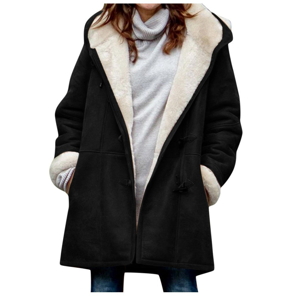 Winter Vintage Button Jackets Women's Warm Fleece Hooded Coat Casual Mid-Length Trench Top Outwear Clothing