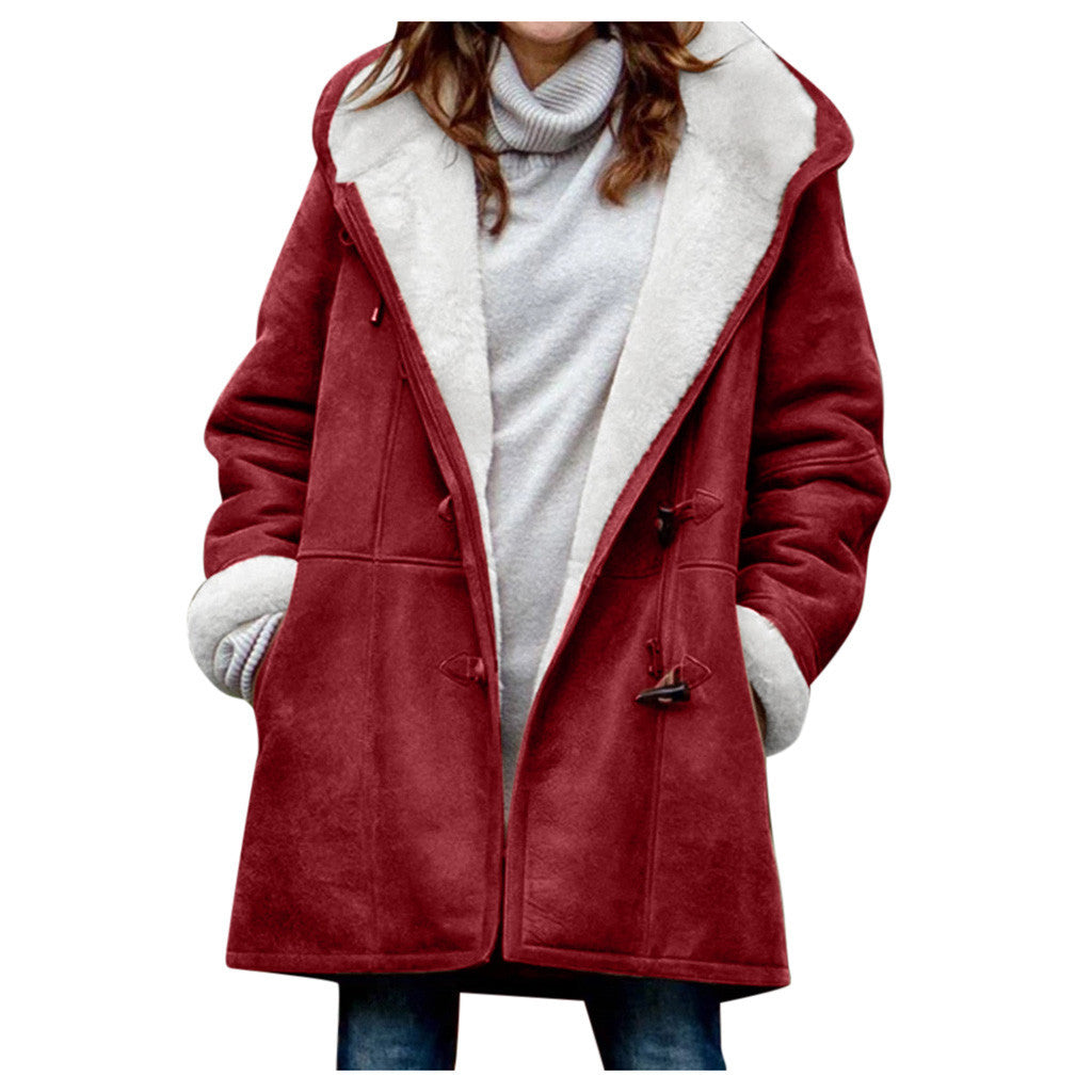 Winter Vintage Button Jackets Women's Warm Fleece Hooded Coat Casual Mid-Length Trench Top Outwear Clothing