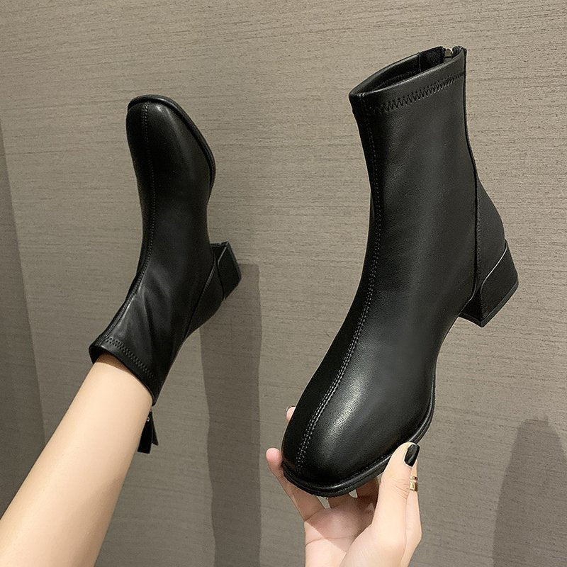 Women's British Style Square-Toe Block Heel Boots