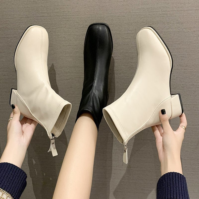 Women's British Style Square-Toe Block Heel Boots