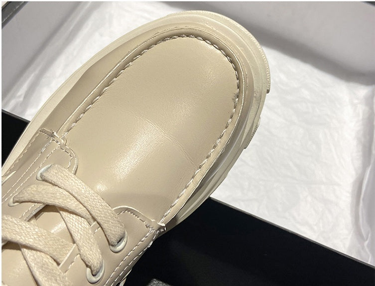 Flats Platform-Shoes Sole Chunky Round-Toe Beautoday Lace-Up Genuine-Cow-Leather Women