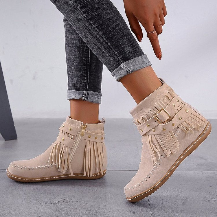 Women's Tassel Ankle Boots with Buckle Detail