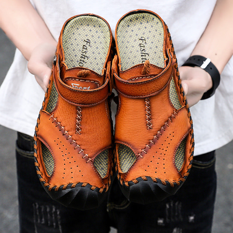 Men's Large Size Breathable Slippers Two-layer Leather Casual Shoes Summer Beach Shoes Men