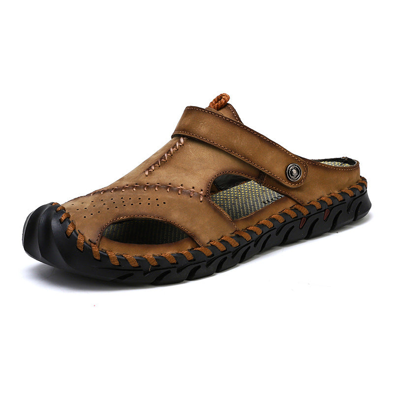 Men's Large Size Breathable Slippers Two-layer Leather Casual Shoes Summer Beach Shoes Men