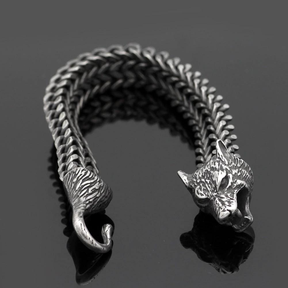Men's Stainless Steel Vintage Black Wolf Head Cuban Chain Bracelet