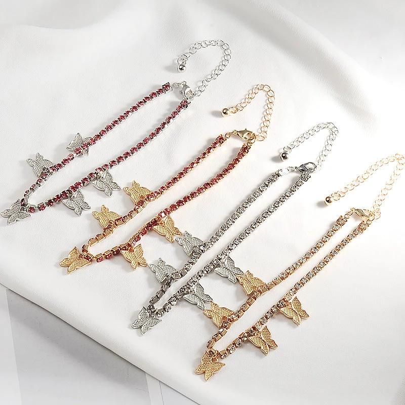 Rhinestone Anklets For Women Zirconia Butterfly Cuban Link Anklet Bracelet On Leg Chain Bohemia Jewelry Foot Accesories