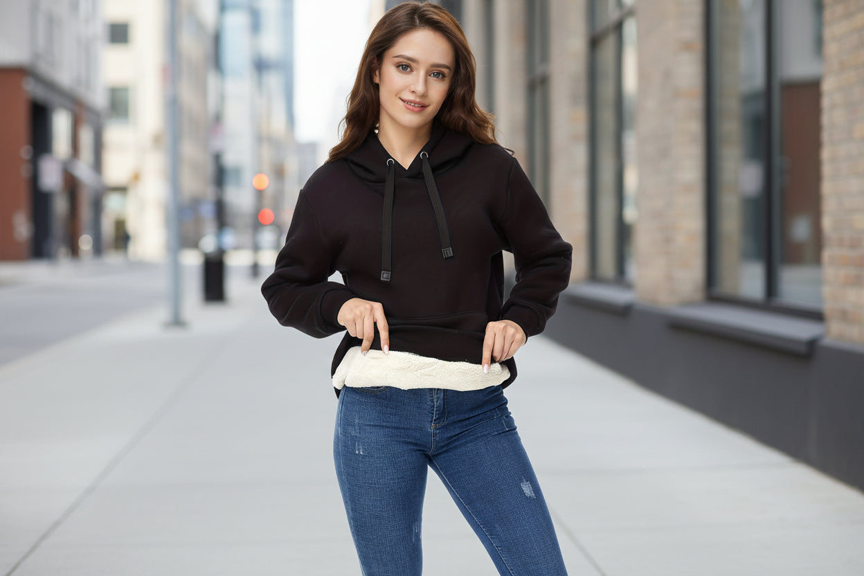 🖤 Sudadera con capucha de terciopelo de invierno para mujer — Sudadera cálida de color liso