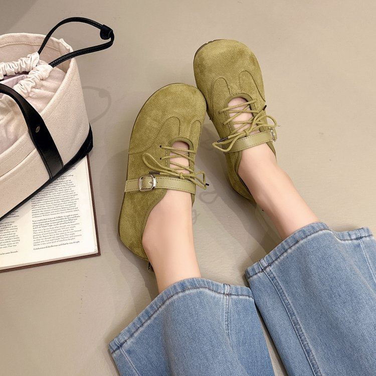 Women Round Toe Hollow Cut Out Lace Up Flats, Dual Strap Suede Soft Sole Casual Walking Shoes Daily Outdoor Loafers