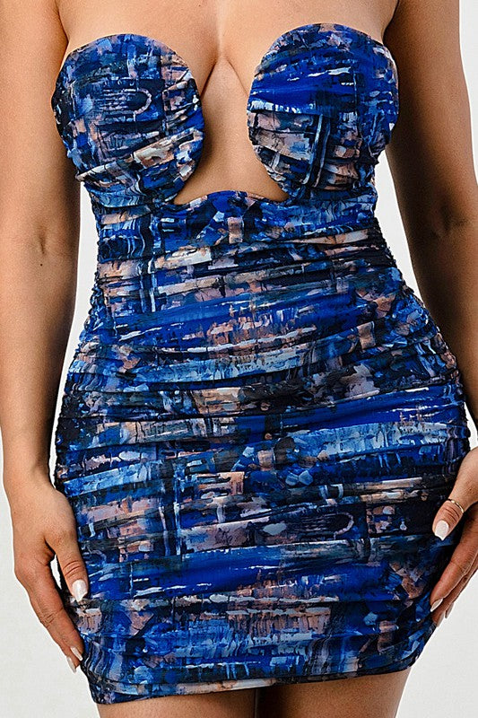 DEEP OCEAN PRINT MINI BODYCON DRESS See size chart under “more details”